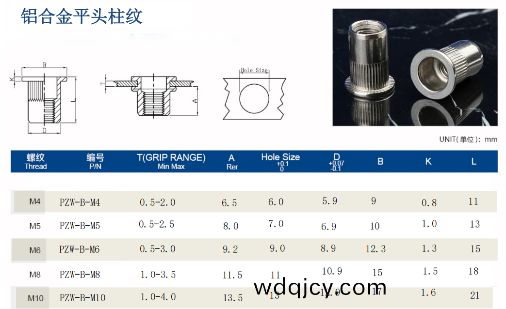 平(ping)頭(tou)柱紋(wen)通孔(kong)鉚(liu)螺母(mu)